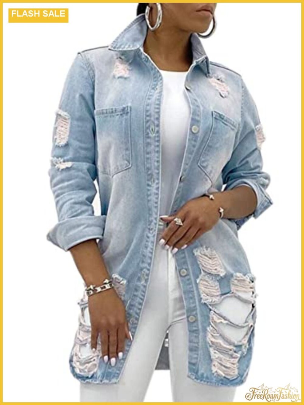 Women's Long Denim Jacket Classic Trucker Ripped Jean Coat Oversized Street